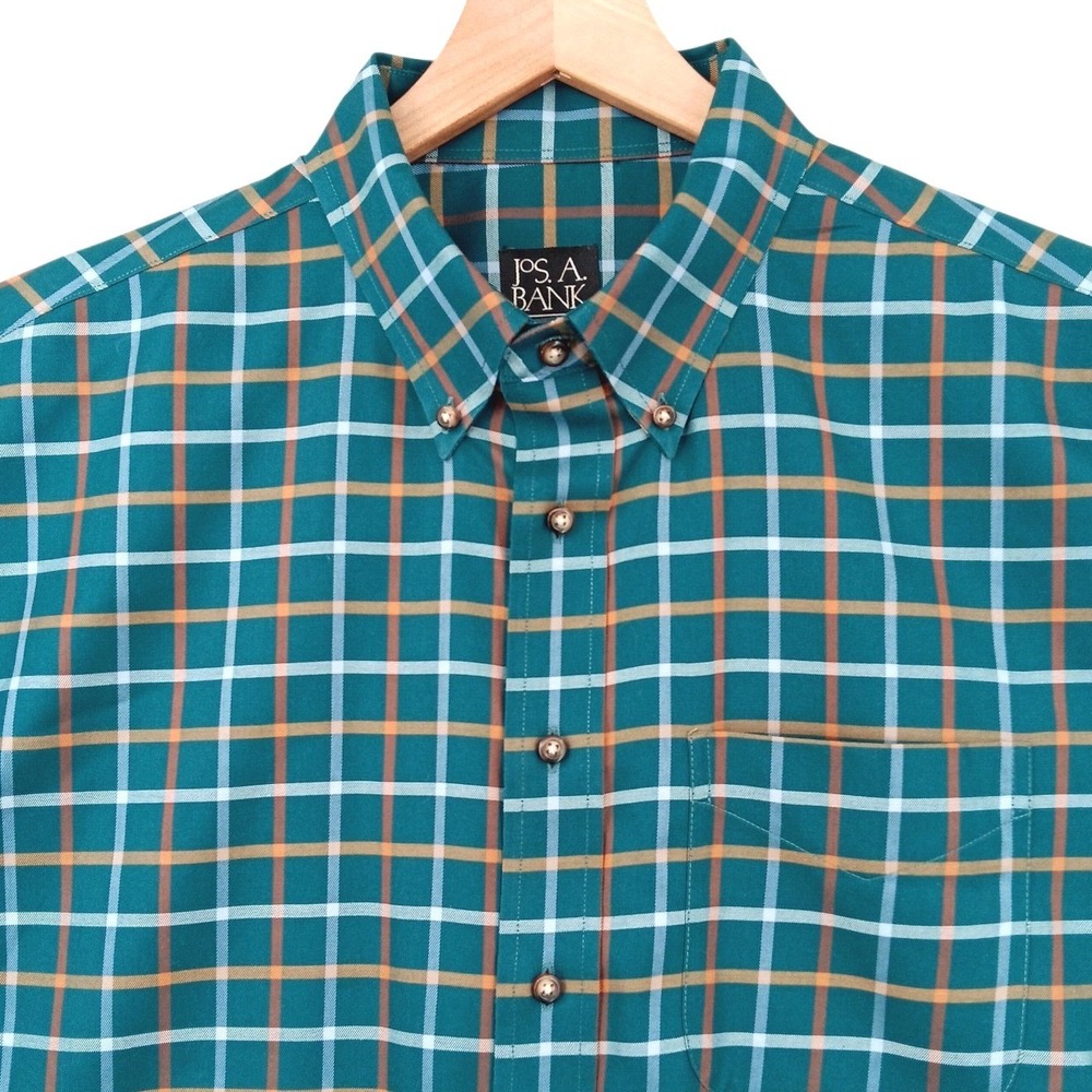 Jos. A. Bank Travelers Shirt Mens XL Green Window Pane Long Sleeve Casual 54x32